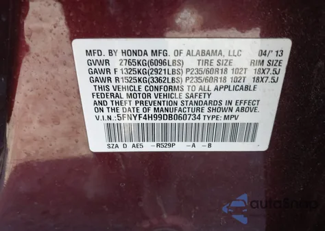 2013 Honda Pilot Touring z USA, uszkodzony, nr VIN 5FNYF4H99DB060734